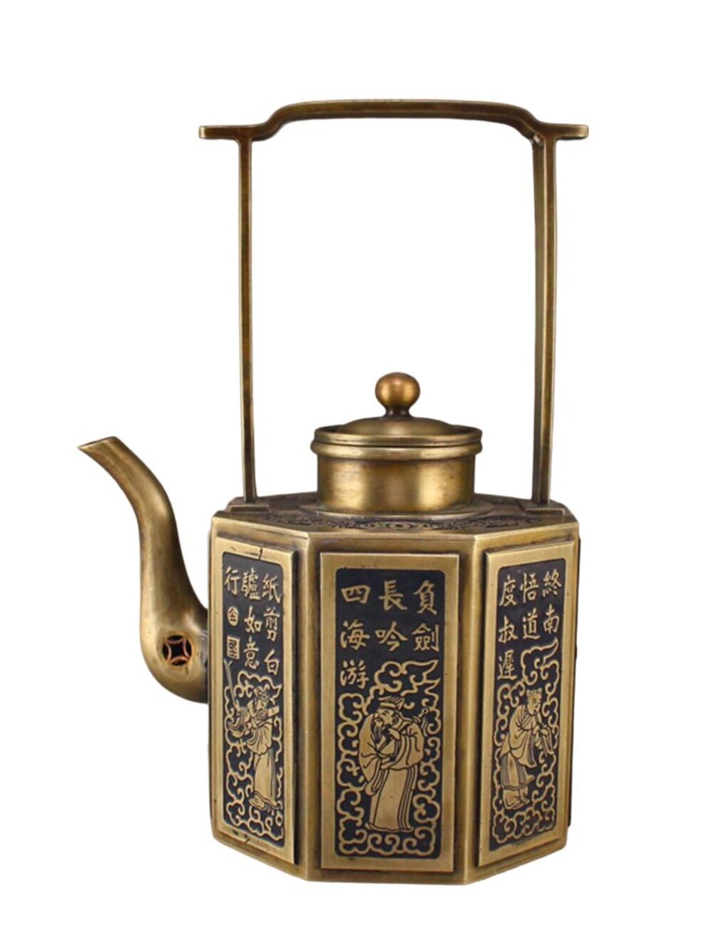 Chinese White Copper Hexagonal Teapot Calligraphy Poetic Scholar Handle Pot